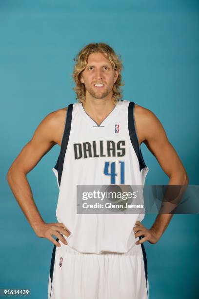 Dirk Nowitzki of the Dallas Mavericks poses for a portrait during 2009 NBA Media Day on September 28, 2009 at American Airlines Center in Dallas,...