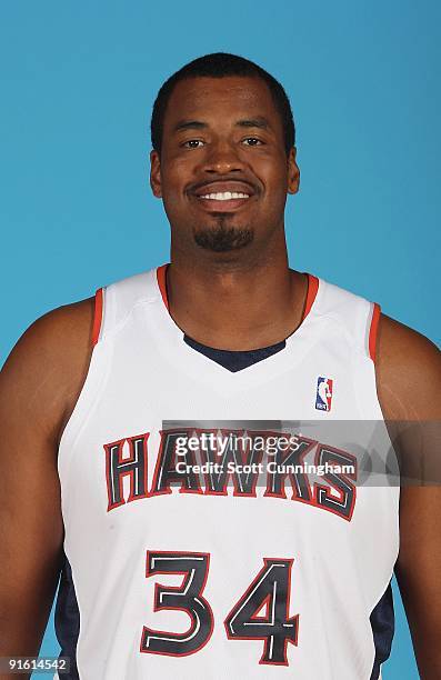 Jason Collins of the Atlanta Hawks poses for a portrait during 2009 NBA Media Day on September 28, 2009 at Philips Arena in Atlanta, Georgia. NOTE TO...