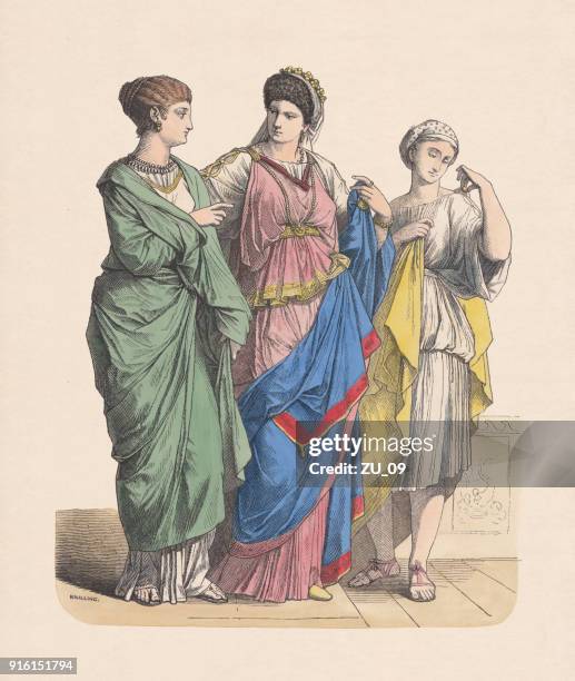 ilustraciones, imágenes clip art, dibujos animados e iconos de stock de las mujeres de la nobleza romana y esclavo, coloreado a mano grabado en madera, publican c.1880 - mujeres