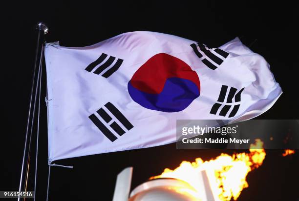 The Flag of South Korea and the Olympic Cauldron are seen during the Opening Ceremony of the PyeongChang 2018 Winter Olympic Games at PyeongChang...