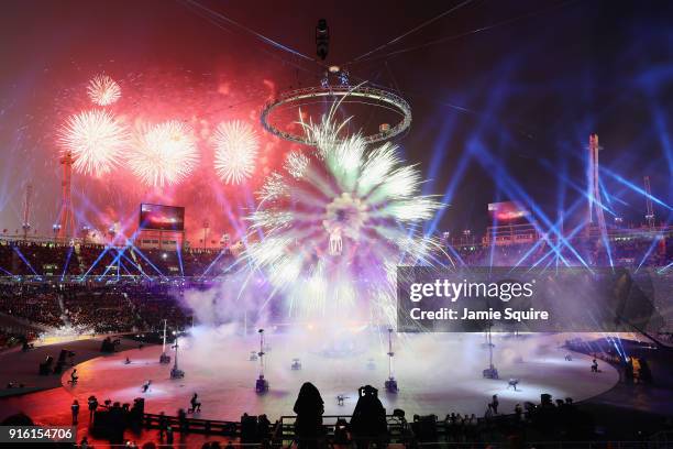 Fireworks eplode during the Opening Ceremony of the PyeongChang 2018 Winter Olympic Games at PyeongChang Olympic Stadium on February 9, 2018 in...