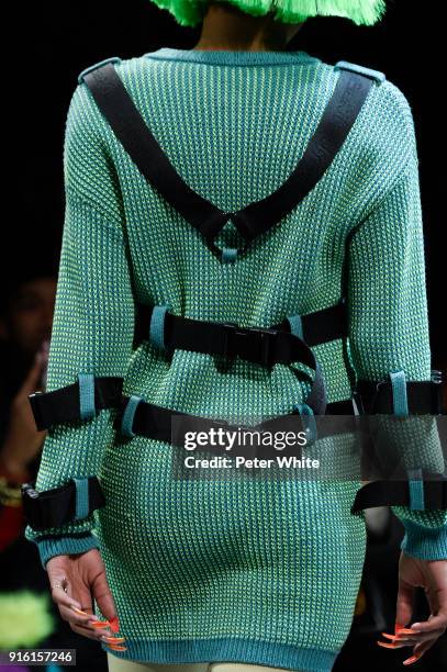 Model, fashion detail, walks the runway at Jeremy Scott Show Fall 2018 during New York Fashion Week: The Shows at Gallery I at Spring Studios on...