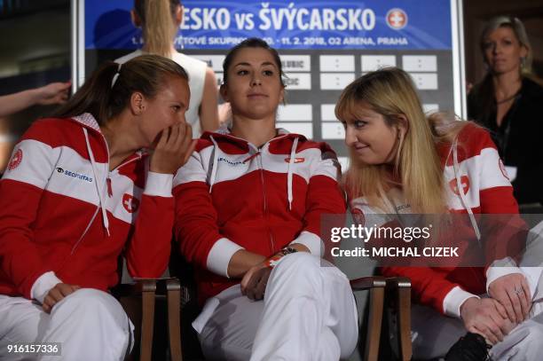 Member of Swiss Fed Cup team Belinda Bencic talks with her team mates Viktorija Golubic and Timea Bacsinszky during the International Tennis...
