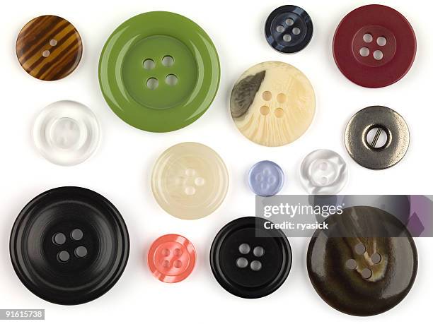 collection assortment of multiple colorful buttons with clipping path - knopen stockfoto's en -beelden