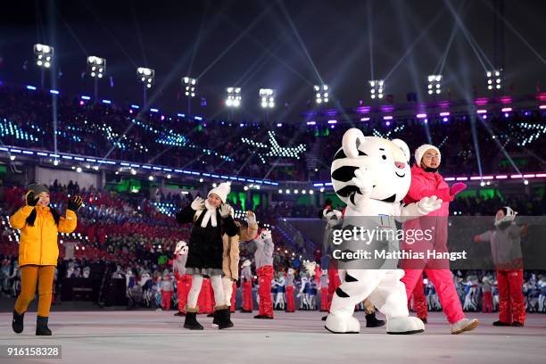 The Olympic mascot, Soohorang waves to the crowd during the Opening Ceremony of the PyeongChang 2018 Winter Olympic Games at PyeongChang Olympic...