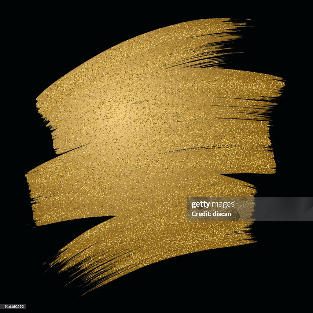 Glitter golden brush stroke on black background. Vector illustration.