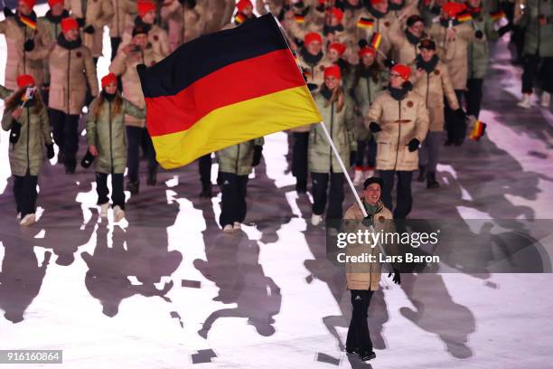 Flag bearer Eric Frenzel of Germany leads his country during the Opening Ceremony of the PyeongChang 2018 Winter Olympic Games at PyeongChang Olympic...