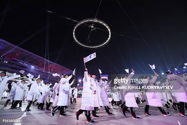 Athletes from the Unified Korea delegation parade during the opening ceremony of the Pyeongchang 2018 Winter Olympic Games at the Pyeongchang Stadium...