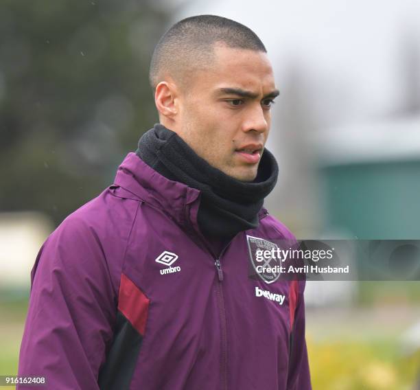 Winston Reid of West Ham United goes through some drills during training at Rush Green on February 9, 2018 in Romford, England.