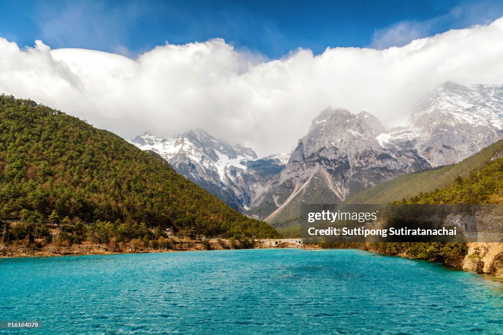 Blue moon Valley , White Water River waterfall and Jade Dragon Snow Mountain, Lijiang, Yunnan China.