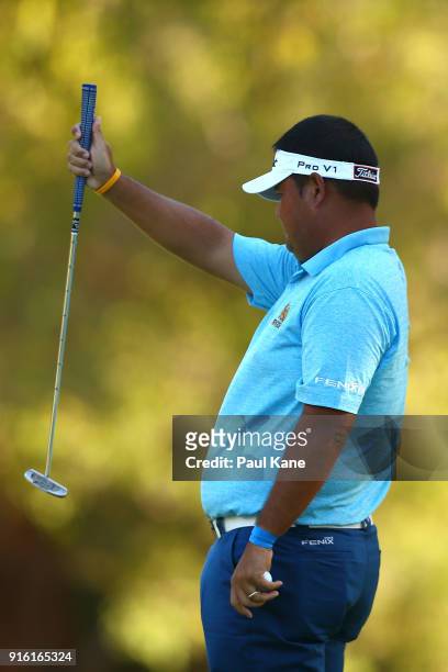 Prom Meesawat of Thailand reads the 16th green during day two of the World Super 6 at Lake Karrinyup Country Club on February 9, 2018 in Perth,...