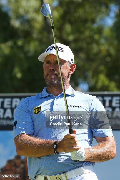 Lee Westwood of England watches his tee shot on the 17th hole during day two of the World Super 6 at Lake Karrinyup Country Club on February 9, 2018...