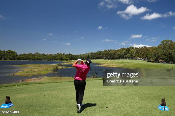 Polarizing filter was used for this image plays his tee shot on the 3rd hole during day two of the World Super 6 at Lake Karrinyup Country Club on...