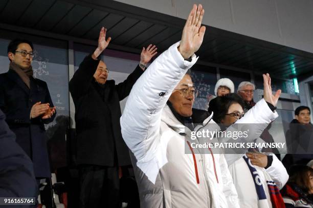 South Korea's President Moon Jae-in , his wife Kim Jung-sook and North Korea's ceremonial head of state Kim Yong Nam wave as the Unified Korea...