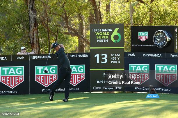 Thorbjorn Olesen of Denmark plays his tee shot on the 13th hole during day two of the World Super 6 at Lake Karrinyup Country Club on February 9,...