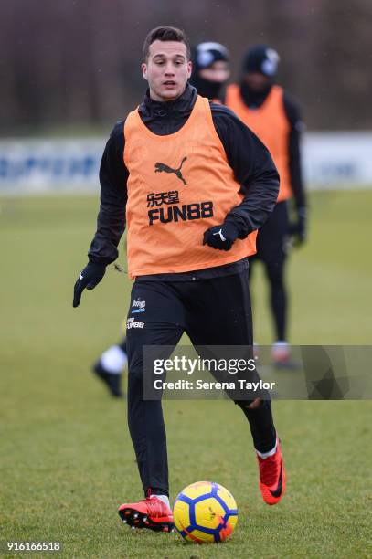 Javier Manquillo controls the ball during the Newcastle United Training session at The Newcastle United Training Centre on February 9 in Newcastle...