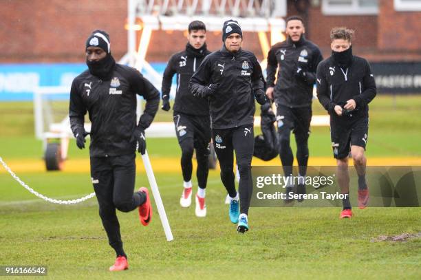 Newcastle players seen L-R Massadio Haidara, Mikel Merino, Jacob Murphy, Jamaal Lascelles and Dwight Gayle all run outside to start the Newcastle...