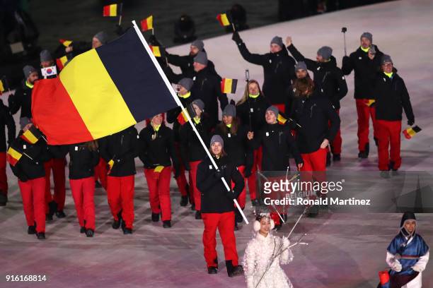 Flag bearer Seppe Smits of Belgium leads the team during the Opening Ceremony of the PyeongChang 2018 Winter Olympic Games at PyeongChang Olympic...