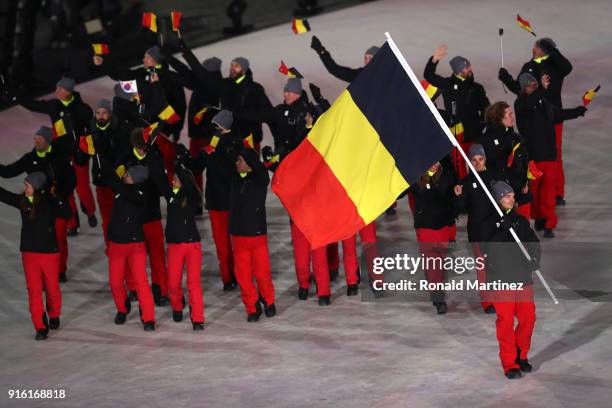 Flag bearer Seppe Smits of Belgium leads the team during the Opening Ceremony of the PyeongChang 2018 Winter Olympic Games at PyeongChang Olympic...