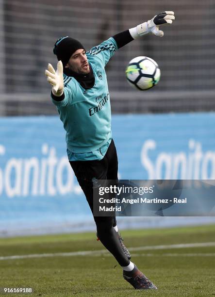 Kiko Casilla of Real Madrid in action during a training session at Valdebebas training ground on February 9, 2018 in Madrid, Spain.