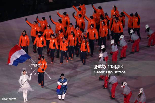 Flag bearer Jan Smeekens of the Netherlands leads his country during the Opening Ceremony of the PyeongChang 2018 Winter Olympic Games at PyeongChang...