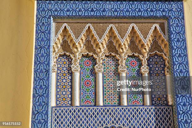 Detail of the ornate exterior of the Royal Palace of Fez located in the city of ) of Fez in Morocco, Africa. The palace was built in the 17th century...