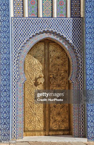 Ornate bronze door of the Royal Palace of Fez located in the city of ) of Fez in Morocco, Africa. The palace was built in the 17th century and is...