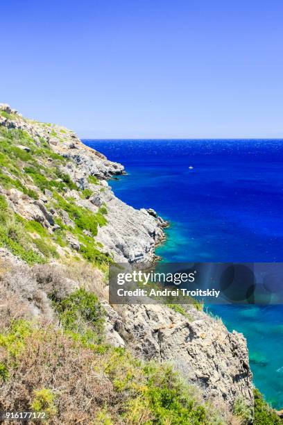 a view of a azzure water and rocky coastline near anthony quinn bay, faliraki, greece - anthony quinn bay stock pictures, royalty-free photos & images