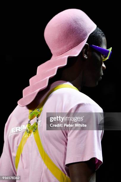 Model, hat detail, walks the runway at Jeremy Scott Show Fall 2018 during New York Fashion Week: The Shows at Gallery I at Spring Studios on February...