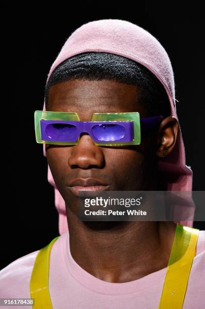 Model walks the runway at Jeremy Scott Show Fall 2018 during New York Fashion Week: The Shows at Gallery I at Spring Studios on February 8, 2018 in...