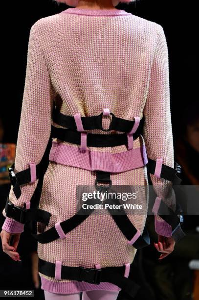 Model, fashion detail, walks the runway at Jeremy Scott Show Fall 2018 during New York Fashion Week: The Shows at Gallery I at Spring Studios on...