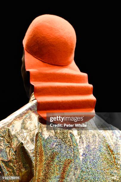 Model, hat detail, walks the runway at Jeremy Scott Show Fall 2018 during New York Fashion Week: The Shows at Gallery I at Spring Studios on February...