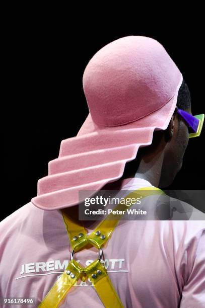 Model, hat detail, walks the runway at Jeremy Scott Show Fall 2018 during New York Fashion Week: The Shows at Gallery I at Spring Studios on February...