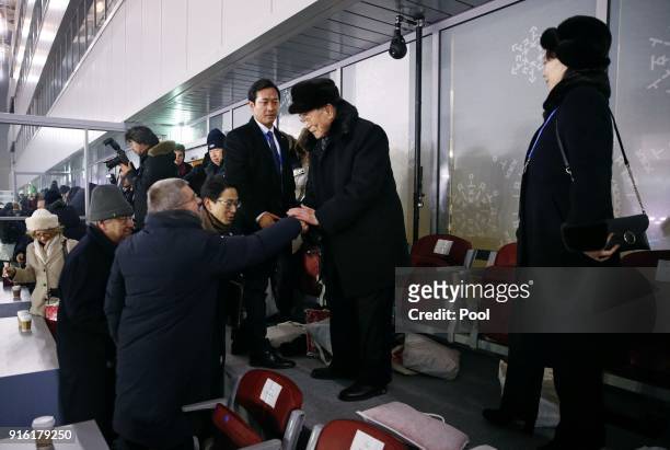 Kim Yong Nam, center, president of the Presidium of North Korean Parliament, shakes hands with International Olympic Committee President Thomas Bach...