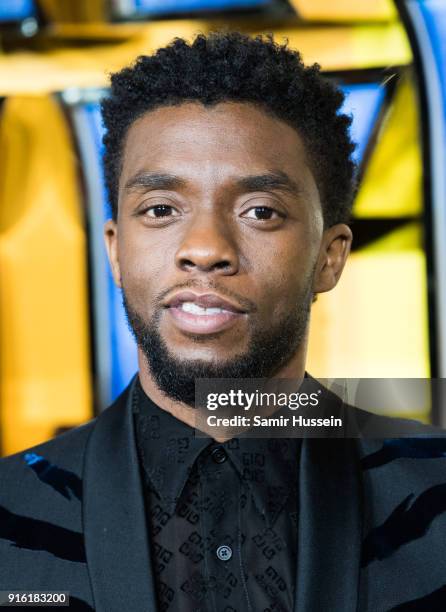 Chadwick Boseman attends the European Premiere of 'Black Panther' at Eventim Apollo on February 8, 2018 in London, England.