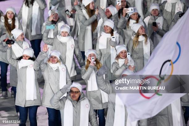 Olympic Athletes from Russia parade during the opening ceremony of the Pyeongchang 2018 Winter Olympic Games at the Pyeongchang Stadium on February...
