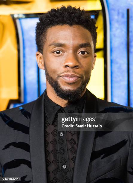 Chadwick Boseman attends the European Premiere of 'Black Panther' at Eventim Apollo on February 8, 2018 in London, England.