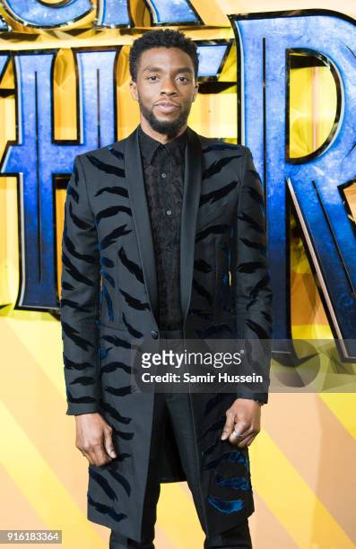 Chadwick Boseman attends the European Premiere of 'Black Panther' at Eventim Apollo on February 8, 2018 in London, England.