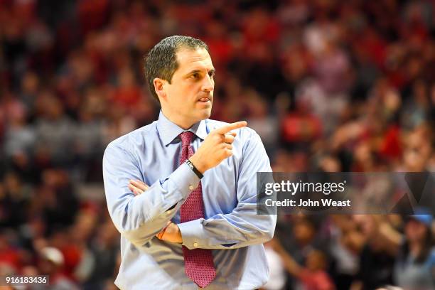 Head coach Steve Prohm of the Iowa State Cyclones points to a player on the bench during the game against the Texas Tech Red Raiders on February 7,...