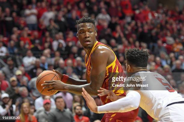 Cameron Lard of the Iowa State Cyclones handles the ball against Justin Gray of the Texas Tech Red Raiders during the game on February 7, 2018 at...
