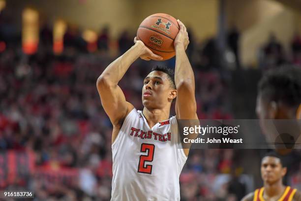 Zhaire Smith of the Texas Tech Red Raiders shoots a free throw during the game against the Iowa State Cyclones on February 7, 2018 at United...
