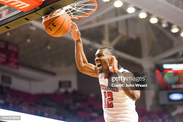 Keenan Evans of the Texas Tech Red Raiders dunks the basketball during the game against the Iowa State Cyclones on February 7, 2018 at United...