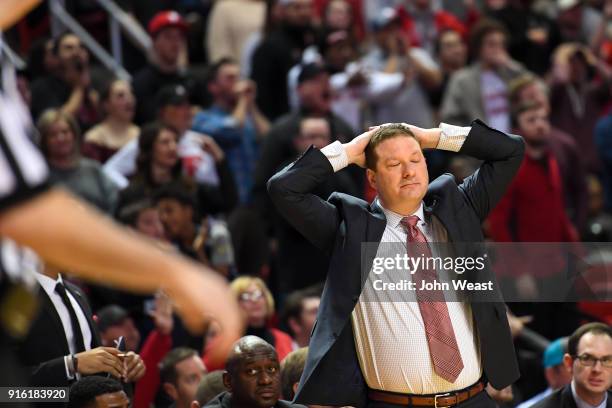 Head coach Chris Beard of the Texas Tech Red Raiders reacts to an official's call during the game against the Iowa State Cyclones on February 7, 2018...