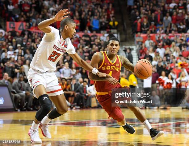 Donovan Jackson of the Iowa State Cyclones drives to the basket against Jarrett Culver of the Texas Tech Red Raiders during the game on February 7,...