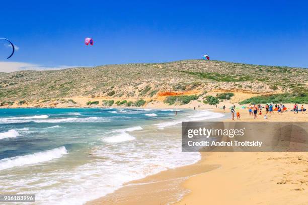 waves at the shore of mediterranean sea viewed from prasonisi beach, rhodes, greece - rhodos stock-fotos und bilder
