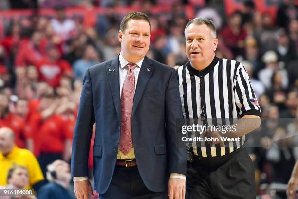 Head coach Chris Beard of the Texas Tech Red Raiders discusses a call with an official during the game against the Iowa State Cyclones on February 7,...