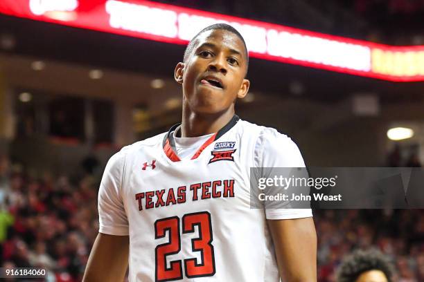 Jarrett Culver of the Texas Tech Red Raiders reacts after dunking the basket during the game against the Iowa State Cyclones on February 7, 2018 at...