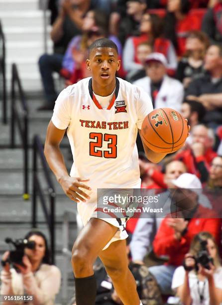 Jarrett Culver of the Texas Tech Red Raiders handles the ball during the game against the Iowa State Cyclones on February 7, 2018 at United...