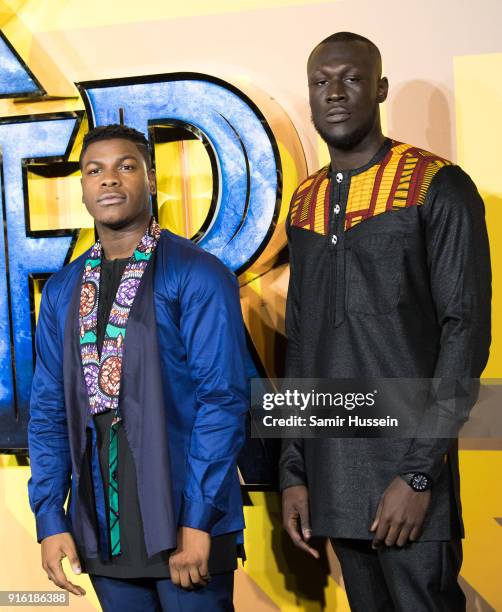 John Boyega and Stormzy attend the European Premiere of 'Black Panther' at Eventim Apollo on February 8, 2018 in London, England.