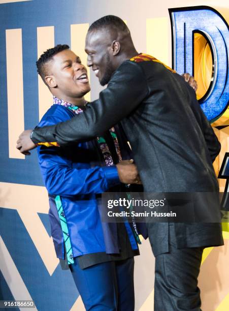 John Boyega and Stormzy attend the European Premiere of 'Black Panther' at Eventim Apollo on February 8, 2018 in London, England.